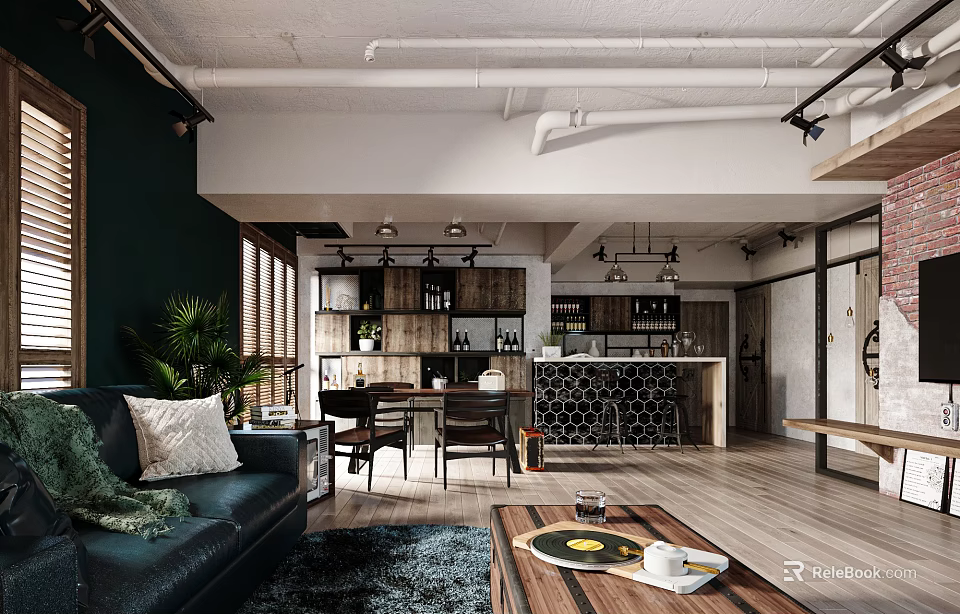 Industrial Modern Living Dining Room Interior With Exposed Pipes Dark Green Wall And Leather Sofa 3d model 
