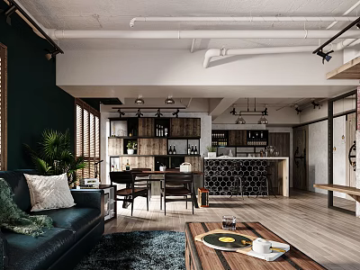 Industrial Modern Living Dining Room Interior With Exposed Pipes Dark Green Wall And Leather Sofa 3d model