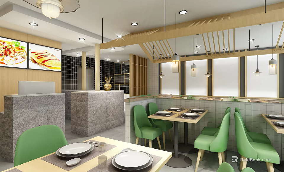 Modern Restaurant Interior With Green Chairs Dining Tables And Wooden Hanging Lights 3d model 