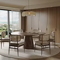 Modern Round Wooden Dining Table Set With Six Chairs Chandelier And Floor To Ceiling Windows