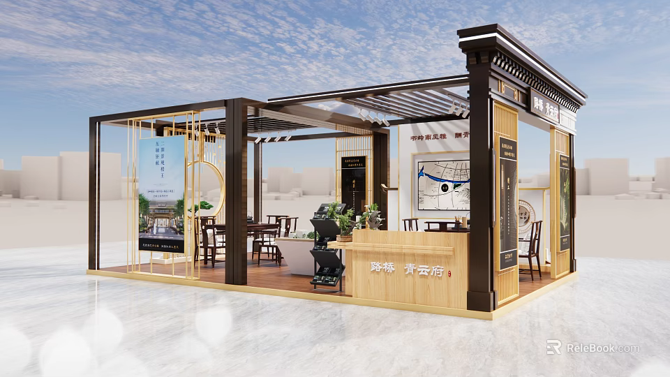 Chinese Style Exhibition Pavilion With Wooden Structure Glass Walls And Display Elements 3d model 