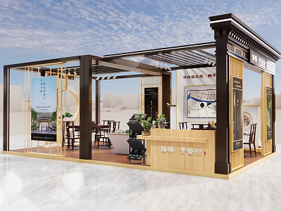 Chinese Style Exhibition Pavilion With Wooden Structure Glass Walls And Display Elements 3d model