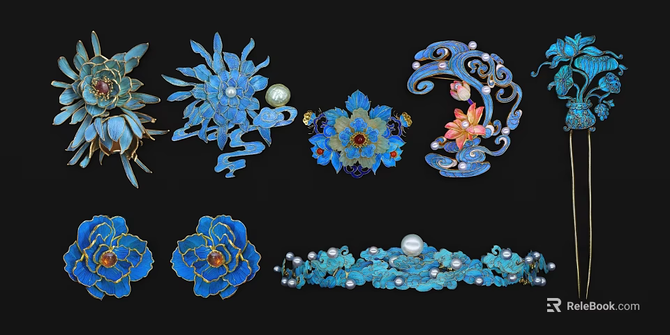 Traditional Blue Wall Decor With Handcrafted Floral Enamel Designs And Pearl Accents 3d model 