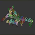 Industrial Metal Frame Platform Structure With Staircases Railings And Transparent Purple Flooring