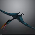 Blue Pterosaur With Long Wings And Colorful Orange Pink Tail Flying