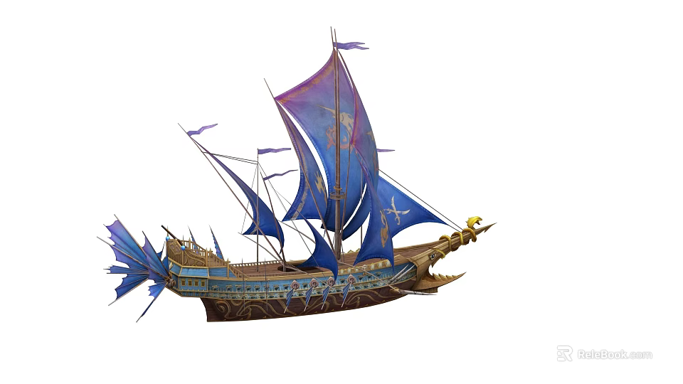 Ornate Vintage Sailing Ship With Blue Sails Dragon Head And Golden Details 3d model 