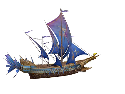 Ornate Vintage Sailing Ship With Blue Sails Dragon Head And Golden Details 3d model