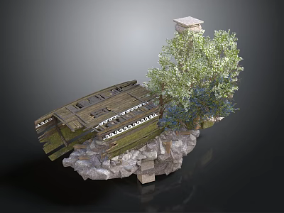 Rustic Outdoor Scene With Wooden Bridge Tree Rocks And Stone Pillar 3d model
