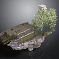 Rustic Outdoor Scene With Wooden Bridge Tree Rocks And Stone Pillar