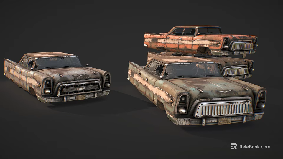 Vintage Rusty Old Cars Including Sedan And Pickup Truck With Weathered Look 3d model 