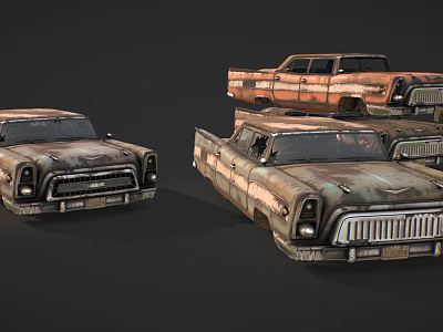 Vintage Rusty Old Cars Including Sedan And Pickup Truck With Weathered Look 3d model