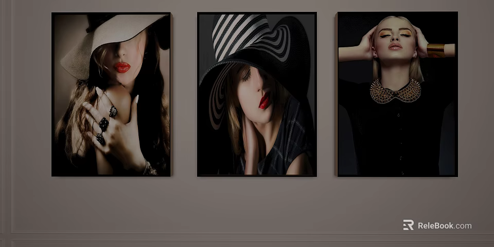 Three Portrait Paintings Featuring Women in Stylish Hats Red Lips and Jewelry on Wall 3d model 