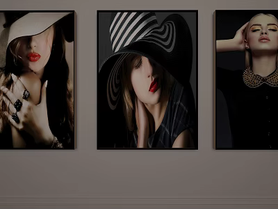 Three Portrait Paintings Featuring Women in Stylish Hats Red Lips and Jewelry on Wall 3d model