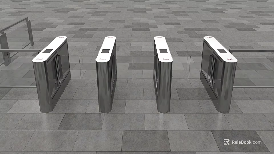 Public Facility Four Silver Turnstiles on Gray Tile Floor With Display Screens 3d model 