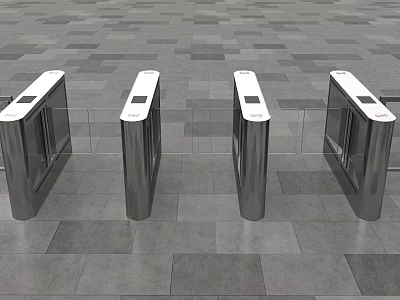 Public Facility Four Silver Turnstiles on Gray Tile Floor With Display Screens 3d model