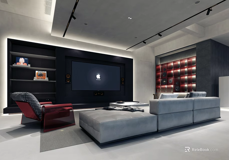 Modern Home Theater Interior With Large Screen TV Gray Sofa Red Armchair Bookshelves And Spotlights 3d model 