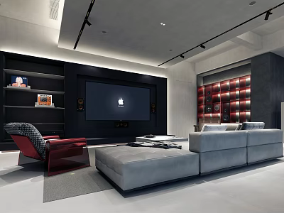 Modern Home Theater Interior With Large Screen TV Gray Sofa Red Armchair Bookshelves And Spotlights 3d model