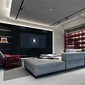 Modern Home Theater Interior With Large Screen TV Gray Sofa Red Armchair Bookshelves And Spotlights