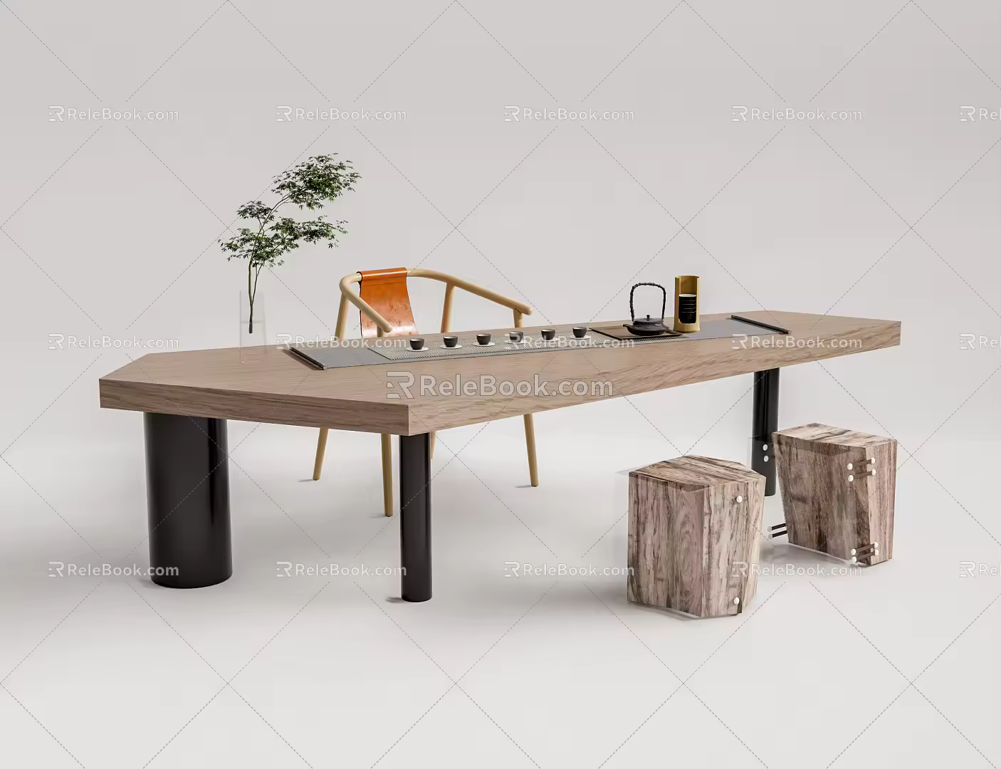 New Chinese Style Desk and Chair Tea Table and Chair Combination 3d model