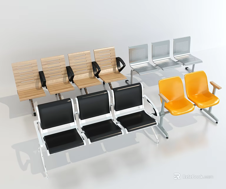 Multi Seat Wooden And Metallic Frame Public Chairs With Black Yellow Seats And Armrests 3d model 