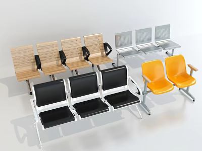 Multi Seat Wooden And Metallic Frame Public Chairs With Black Yellow Seats And Armrests 3d model