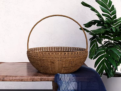 Woven Rattan Basket On Wooden Table With Green Plant And Blue Cloth 3d model