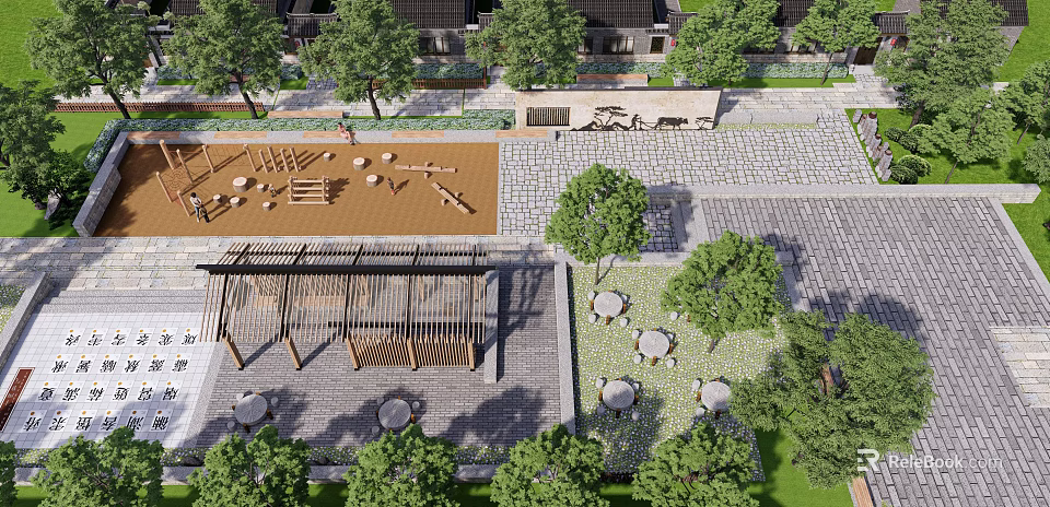 Scenic Square Landscape With Trees Paved Ground Seating Playground And Pergola Area 3d model 