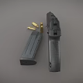 Black tactical handgun with brass bullets and magazine displayed on gray surface