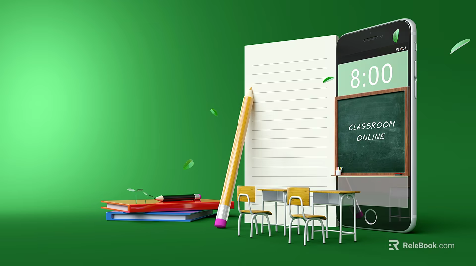 Cartoon Classroom Online Scene With Smartphone Notebook Pencil And Colorful Books On Green Background 3d model 