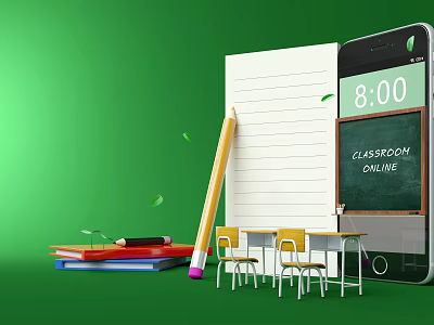 Cartoon Classroom Online Scene With Smartphone Notebook Pencil And Colorful Books On Green Background 3d model