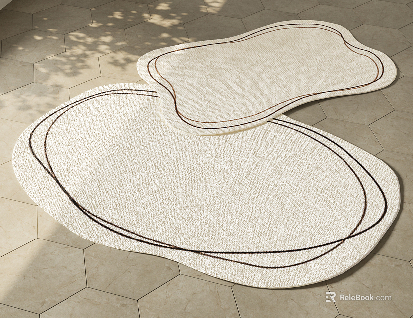 Ivory Shaped Woven Rugs With Brown Outline On Hexagonal Tile Floor 3d model 
