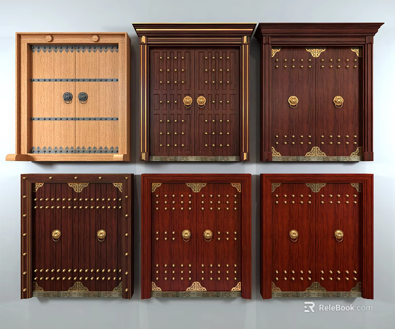 Classic And Modern Wooden Entrance Doors With Decorative Metal Rivets And Brass Fittings 3d model 