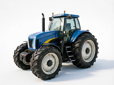 New Holland Blue Tractor With Large Tires Yellow Stripes And Cab 3d model