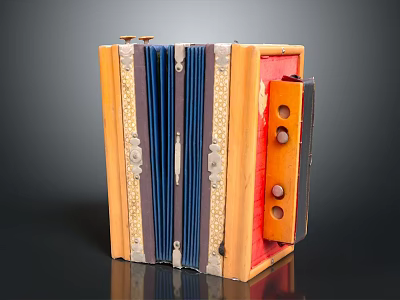 Vintage Wooden Accordion With Blue Bellows Leather Panels And Metal Decorations 3d model