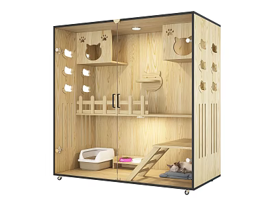 Wooden Wheeled Garden Ornament With Multi Tiered Shelves Cat Paw Cutouts And Glass Door 3d model
