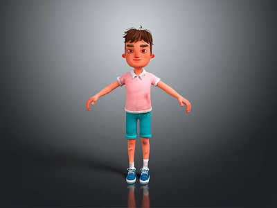 Animated 3D Boy Character In Pink Polo Shirt And Blue Shorts Standing With Arms Open 3d model