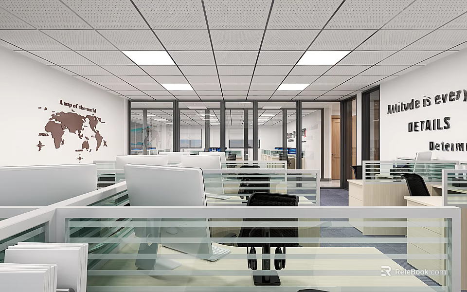 Spacious Public Office Area with Open Workstations Glass Partitions and Ceiling Lights 3d model