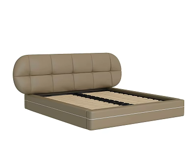 Modern Brown Upholstered Double Bed With Tufted Headboard And Wooden Slats 3d model