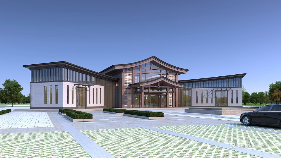 Modern Sales Office Building With Glass Curtain Wall And Landscaped Courtyard Plaza 3d model 