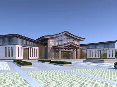 Modern Sales Office Building With Glass Curtain Wall And Landscaped Courtyard Plaza 3d model