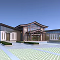 Modern Sales Office Building With Glass Curtain Wall And Landscaped Courtyard Plaza