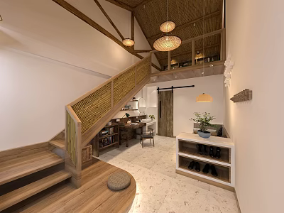 Cozy Indoor Space with Wooden Stairs Bamboo Railings Pendant Lights Open Layout and Stone Flooring 3d model