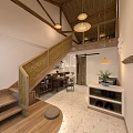 Cozy Indoor Space with Wooden Stairs Bamboo Railings Pendant Lights Open Layout and Stone Flooring