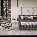 Modern Double Bed With Ribbed Frame Plush Pillows Side Tables And Round Mirror In Room
