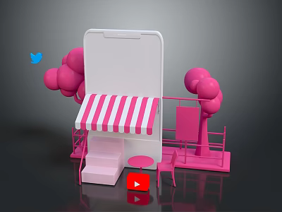 Smartphone Model With White Screen Pink Striped Awning Pink Balloon Trees And Red Play Button 3d model