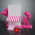 Smartphone Model With White Screen Pink Striped Awning Pink Balloon Trees And Red Play Button