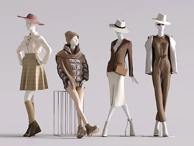 Fashion Models Displaying Stylish Outfits With Hats And Accessories In Various Poses 3d model