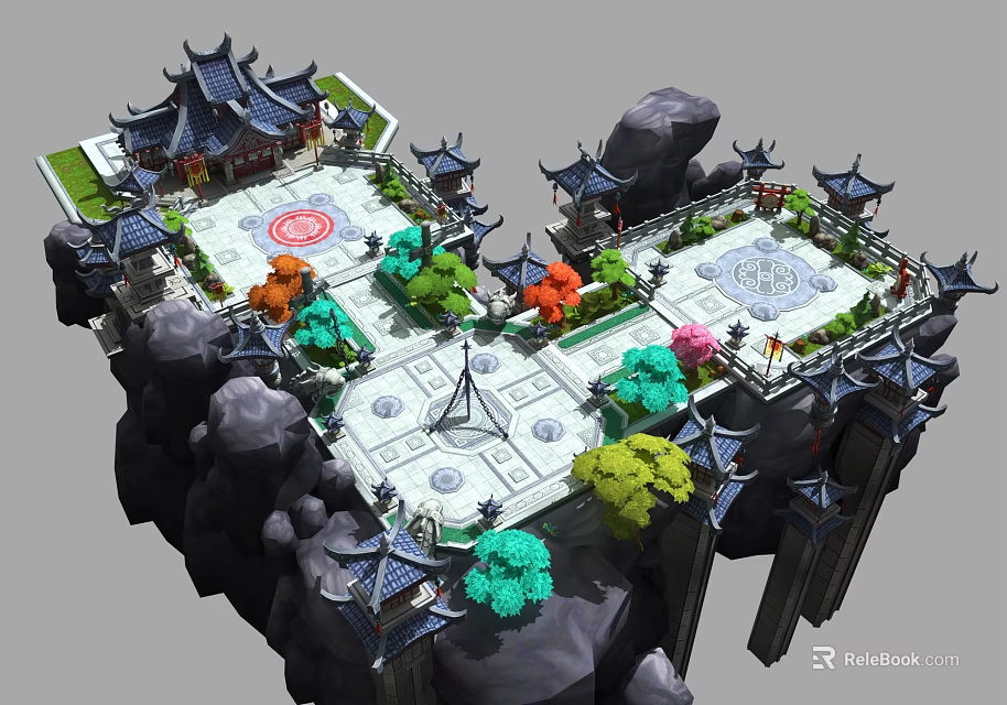 Cartoon Chinese Style Architectural Scene With Pavilions Courtyards Colorful Trees And Rocks 3d model 