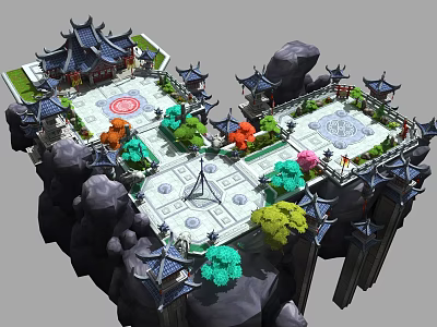 Cartoon Chinese Style Architectural Scene With Pavilions Courtyards Colorful Trees And Rocks 3d model