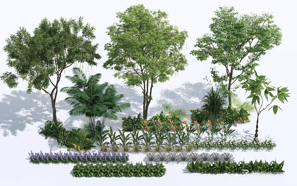 Lush Garden Flowers And Trees With Palm Plants Shrubs And Colorful Greenery 3d model 